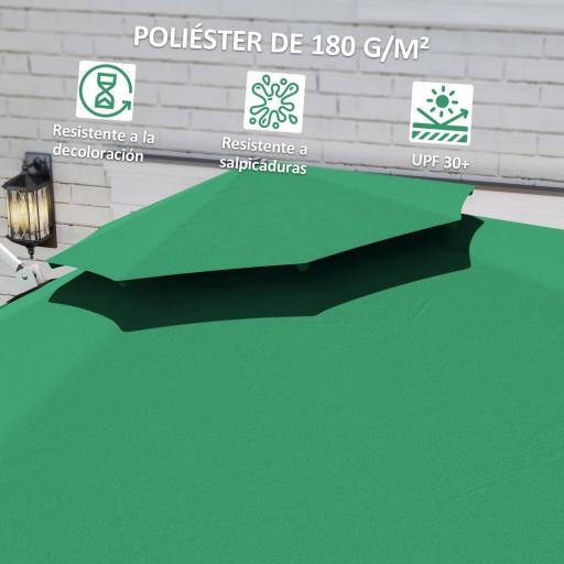 Parasol Excéntrico Ø292 cm con Manivela Giro 360° Inclinación Ajustable Doble Techo y Base Cruzada Verde Oscuro [5]