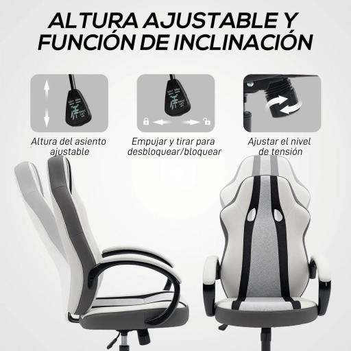  Silla Gaming Tapizada en PU y Malla Silla Gamer Giratoria con Función de Basculante Altura Ajustable Gris [4]