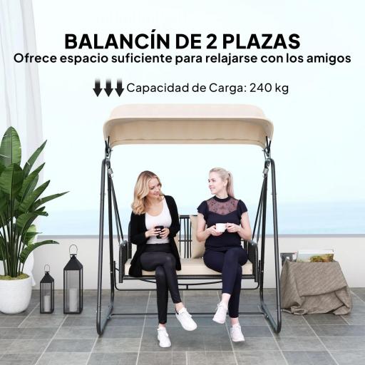 Balancín de Jardín de 2 Plazas con Toldo Retráctil Cojines y Estructura de Acero con Ratán PE 149x121x180 cm Caqui [5]
