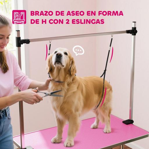 Mesa de Peluquería Canina Plegable con Cesta Metálica Barra de Acero Inoxidable Ajustable 107x60x164 cm Rosa [2]