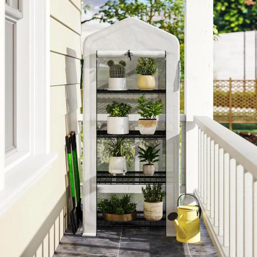 Invernadero de Exterior con 4 Estantes, Invernadero Pequeño con Puerta Enrollable, Marco de Acero y Cubierta de PE 140g/㎡, Anti-UV para Plantas, Macetas, Flores, 70x50x160 cm, Blanco