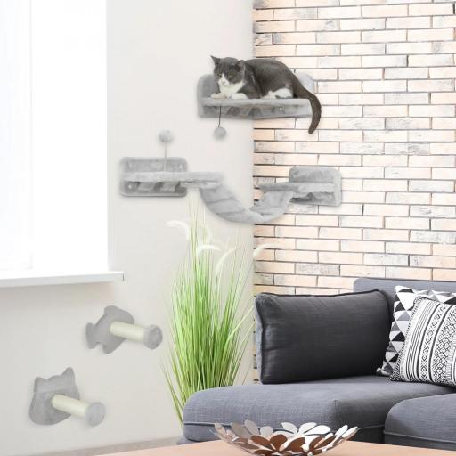 Rascador de Pared para Gatos con 2 Postes de Sisal Plataforma Doble con Escalera Suave y 1 Plataforma para Saltar Gris