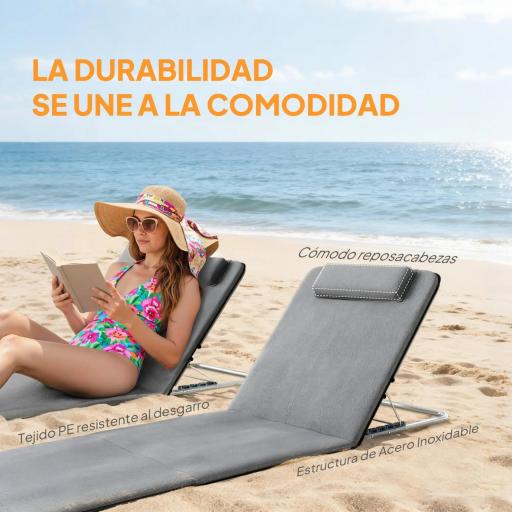 Conjunto de 2 Esterillas con Respaldo Reclinable Reposacabezas y Bolsa de Transporte 134x48x33-43 cm Gris [4]