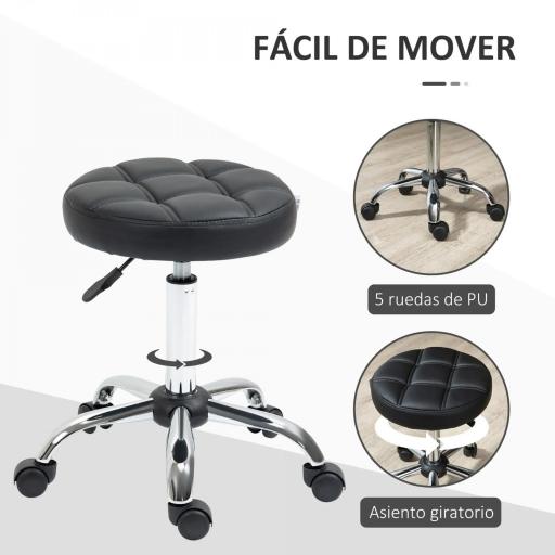 Taburete Giratorio con Ruedas Regulable en Altura de 48-63 cm Taburete de Trabajo Tapizado en Cuero PU para Peluquería Cosmética Dentista Diámetro Ø35,5 cm Negro [2]