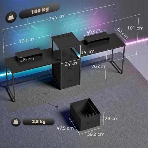 Mesa Gaming Doble de 244 cm con Estación de Carga Puertos USB Soportes para Monitor Cajones de Tela Negro [3]