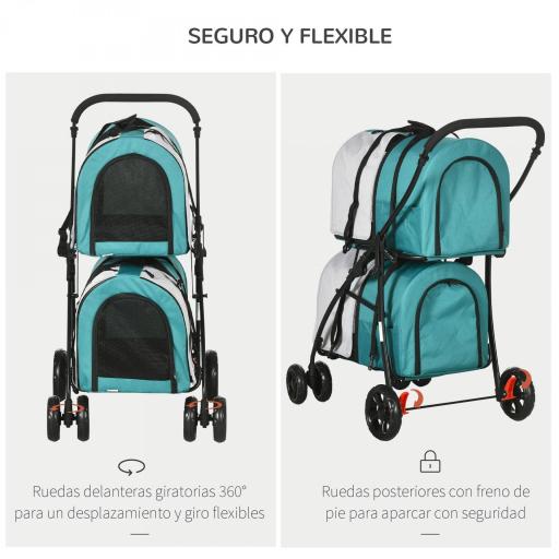 Cochecito Doble para Perros Gatos Plegable con 2 Transportines Extraíbles con Cinturón y Cojines 66x50x98cm Verde y Gris [5]