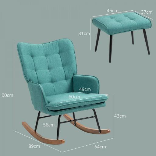 Silla Mecedora con Reposapiés Cojín Acolchado y Reposabrazos Carga 130 kg Verde Azulado [1]