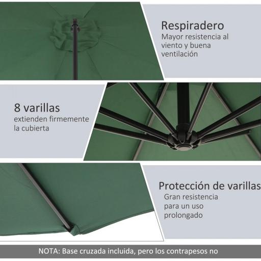 Sombrilla de Jardín Ø300x250 cm Parasol Excéntrico Inclinable con Manivela Base Cruzada y Soporte de Acero Verde [5]