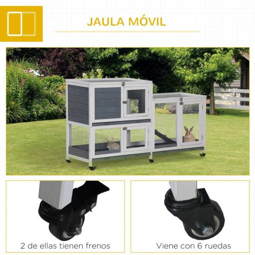 Conejera de Madera con Ruedas 147x45,5x88,5 cm Jaula para Conejos de 2 Niveles con Techo Abrible 2 Corrales de Metal 3 Bandejas Extraíbles 3 Puertas con Pestillo y Rampa Gris [3]