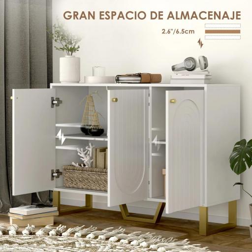 Aparador con 3 Puertas Arqueadas Estantes Ajustables y Patas Doradas 106,5x35x77,5 cm Blanco [2]