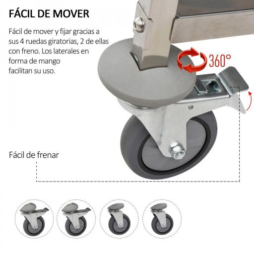 Carrito Auxiliar con Ruedas de Acero Inoxidable 90,5x50,5x88,2 cm Carrito de Cocina con Bandejas y 2 Brazos Plata [2]