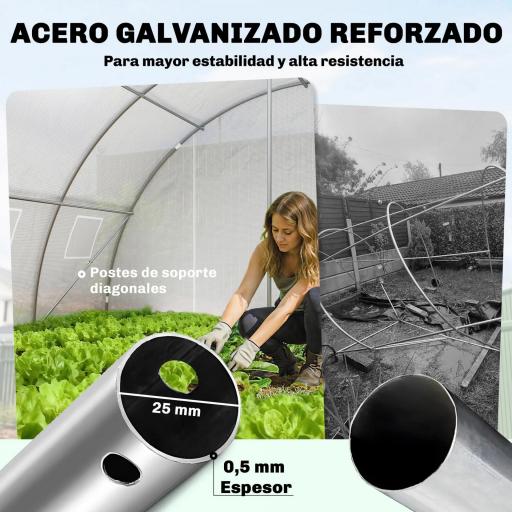 Invernadero de Túnel con 2 Varillas de Soporte 2 Puertas Enrollables y Ventanas de Malla Cubierta de PE Anti-UV Blanco [2]