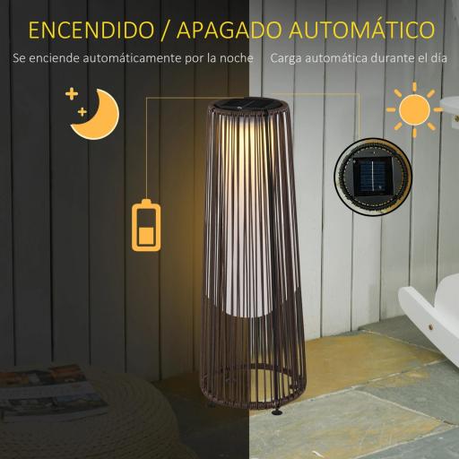 Linterna de Jardín de Ratán Sintético Farola Solar Exterior con Luces LED Encendido y Apagado Automático Impermeable para Terraza Balcón Patio Ø21,5x61 cm, Marrón [4]