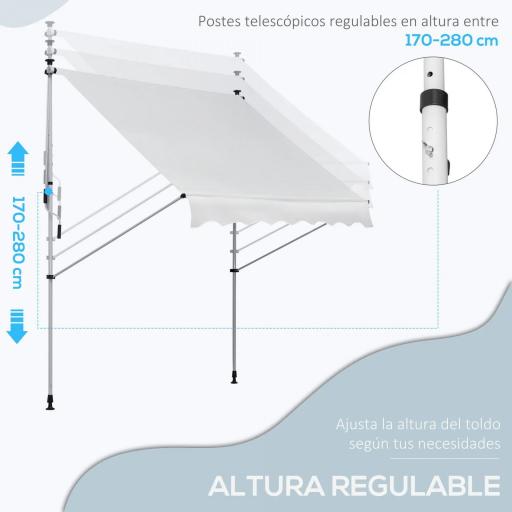 Toldo Manual Retráctil 200x150x170-280 cm para Balcón y Terraza con Altura Ajustable con Manivela Blanco [2]