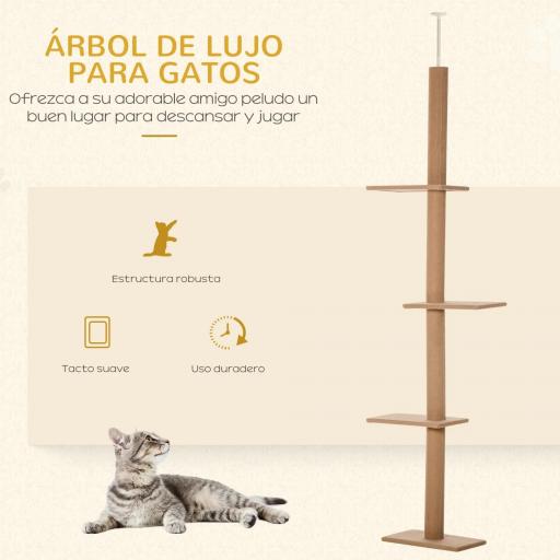 Árbol Rascador para Gatos de Suelo a Techo Torre para Gatos con Altura Ajustable 43x27x228-260 cm Marrón Claro y Beige [5]