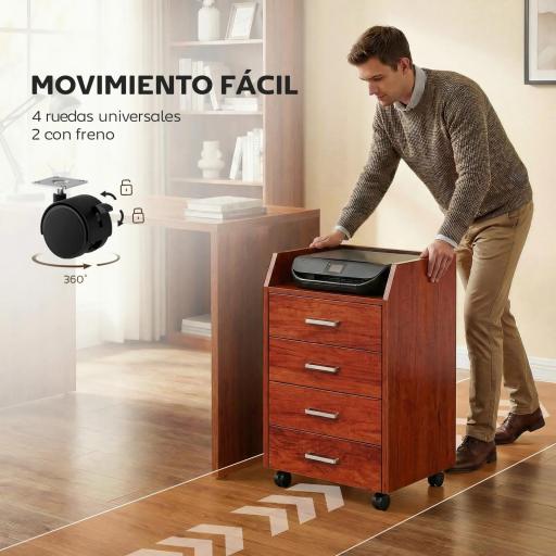 Cajonera de Escritorio con Ruedas Cajonera de Oficina con 4 Cajones Archivador Móvil para Estudio 40x36x65 cm Marrón [5]