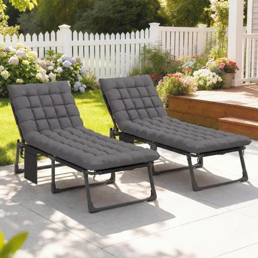 Set de 2 Tumbonas Plegables con Reposacabezas Cojines Bolsillo Lateral y Respaldo Reclinable 5 Posiciones Gris Oscuro [7]