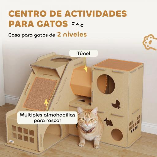 Casa para Gatos de Cartón Forma Castillo 2 Niveles con 3 Zonas de Rascado Túnel Rampa Incluye Hierba Marrón [2]