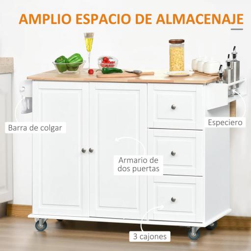 Isla de Cocina con Ruedas Carrito de Servicio con Encimera Extensible Cajones Barra y Especiero 128,8x75,5x92,5 cm Blanco [2]