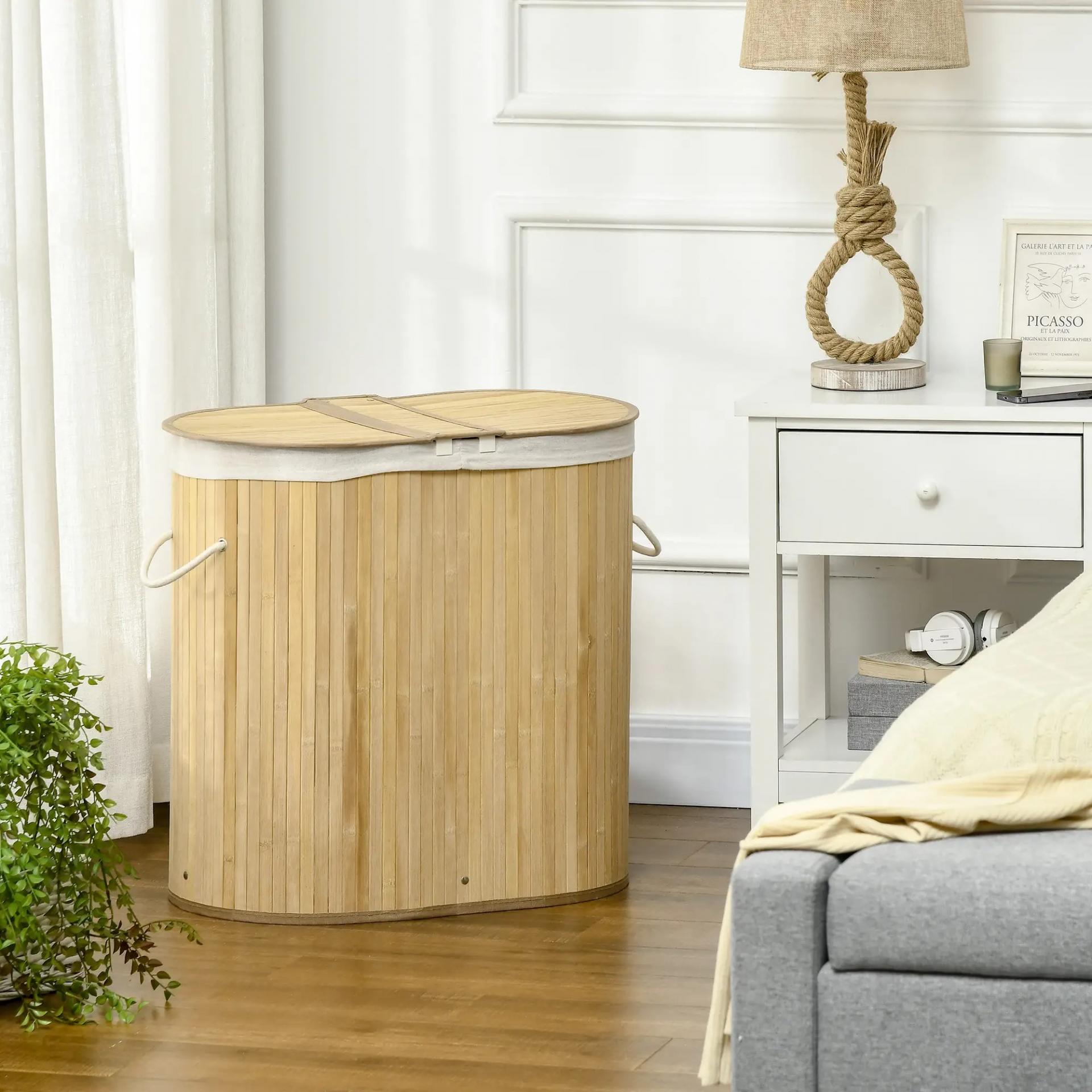Cesto para Ropa Sucia de Bambú 100L 2 Compartimentos Bolsa Interior Extraíble y Lavable 62,5x37x60,5 cm Natural