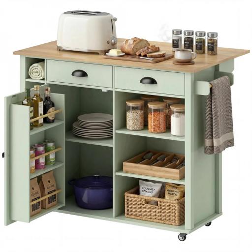 Isla de Cocina con Ruedas Tapa Abatible Especiero Toallero Armario 2 Cajones 117,5x70x91 cm Verde Claro [10]