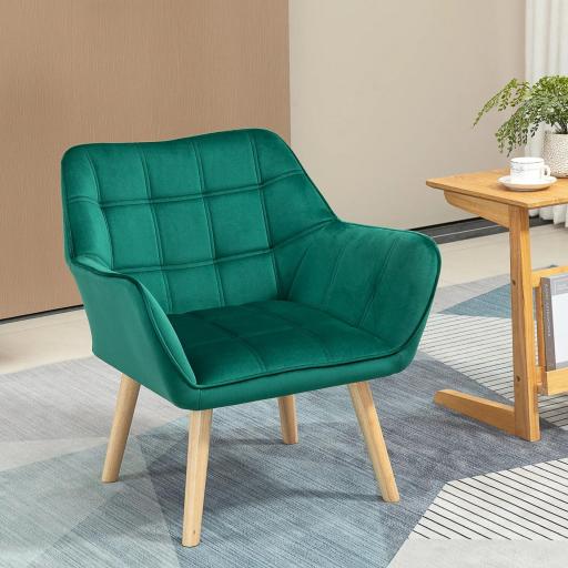 Butaca de Salón Moderna Tapizado en Terciopelo con Asiento Ancho Patas de Madera Sillón Relax para Sala de Estar Verde