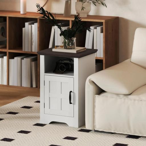 Mesitas de Noche Rústicas Mesas Auxiliares con Puerta Estilo Granero y Estante 40x35x60 cm Blanco y Marrón [7]