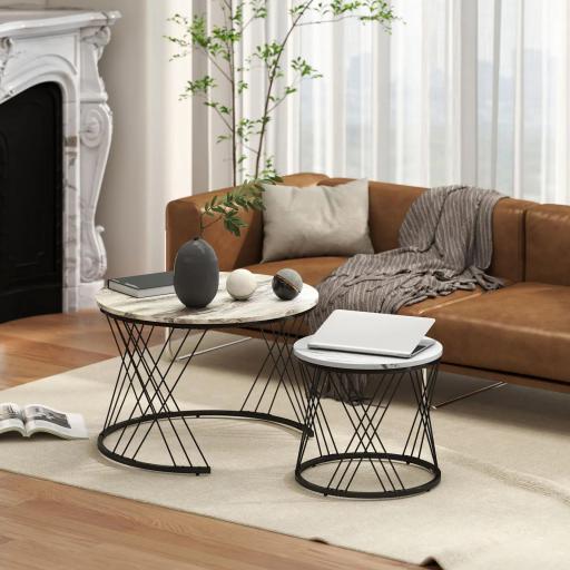 Juego de 2 Mesas Nido Mesas de Centro para Salón Redondas con Tablero con Diseño de Mármol Gris y Blanco [4]