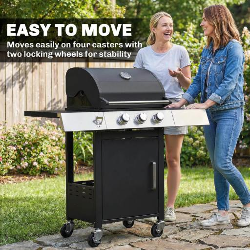 Barbacoa de Gas con 3 Quemadores 8,1 kW Termómetro Parrillas Mesas Laterales Armario y Ruedas 109x50x109 cm Negro [3]