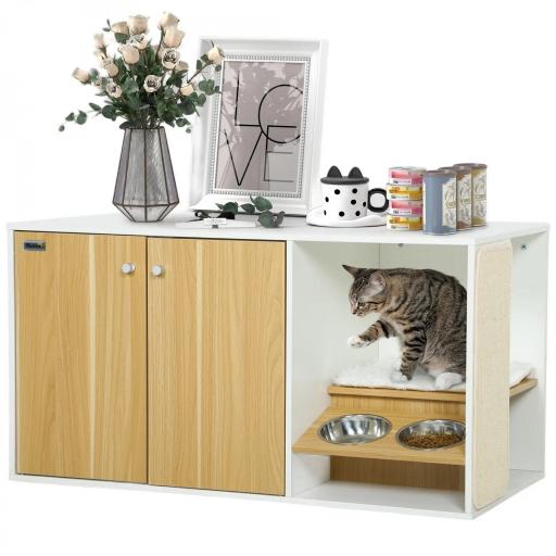 Mueble Arenero para Gatos 3 en 1 con Puertas Cojín Tazones y Estera para Rascar 95x48x50,5 cm Blanco y Roble [9]