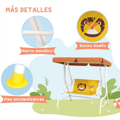 Balancín de Jardín Exterior de 2 Plazas con Patrón de León Toldo Ajustable en Ángulo Carga 60 kg 110x70x110 cm Amarillo [4]