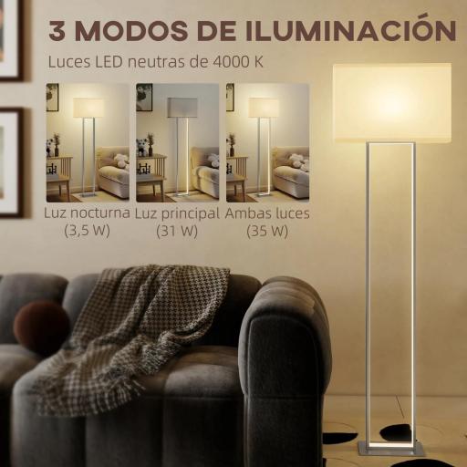 Lámpara de Pie para Salón 150 cm con Pantalla de Tela Luz Nocturna Interruptor de Pie y Base Metálico Blanco [5]