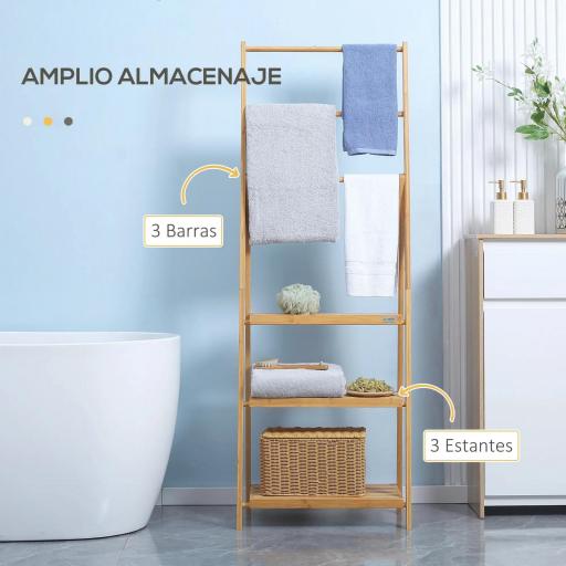 Toallero de Pie de Bambú con 3 Barras Tipo Escalera Plegable con 3 Estantes para Baño 53x30,5x152 cm Natural [2]