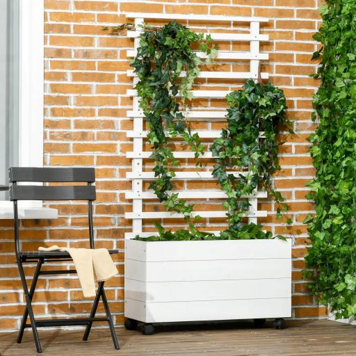Jardinera con Enrejado de Madera Maciza Soporte con 4 Ruedas Celosía y Malla Geotextil 76x30x155 cm Blanco