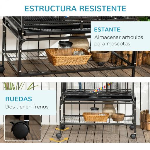 Jaula para Pájaros con Ruedas 83x53x180 cm Pajarera Metálica de 3 Niveles con 3 Perchas Comederos Juguetes Rampas Negro [3]