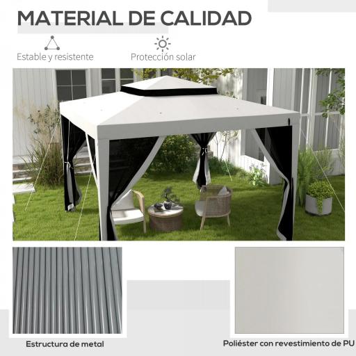 Carpa de Jardín 3x3 m Cenador Gazebo con 4 Mosquiteras Laterales Techo Doble 8 Orificios de Drenaje Marco de Metal Gris [5]