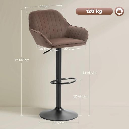 Juego de 2 Taburetes de Bar Giratorios Altura Ajustable 62-83 cm Tapizada en Terciopelo Respaldo y Reposapiés Marrón [1]