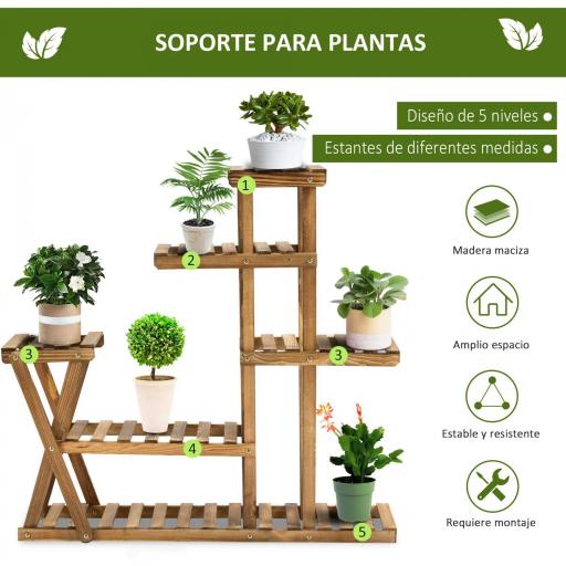 Estantería para Plantas con Pies de Madera con 5 Niveles Carga 60 kg para Interior y Exterior 98x28x95 cm Carbonizado [2]