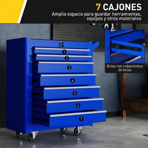 Carro de Herramientas con 7 Cajones Cerradura Asa 2 Ruedas con Freno de Bloqueo para Garaje Hogar Azul [2]