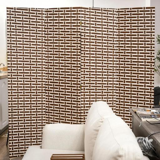Biombo Separador de Ambientes de 4 Paneles Plegables de Madera de Pino y Fibra de Papel 180x180cm Marrón y Blanco [3]