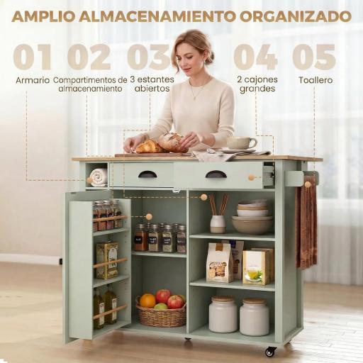 Isla de Cocina con Ruedas Tapa Abatible Especiero Toallero Armario 2 Cajones 117,5x70x91 cm Verde Claro [3]