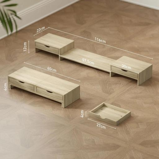 Elevador Monitor Ángulo y Longitud Ajustable con 2 Cajones para Portátil Computadora PC 60-116x22x12 cm Roble [2]