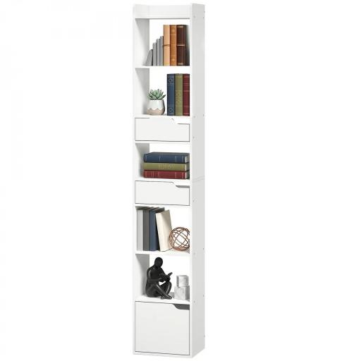 Estantería para Libros con 2 Cajones y Puerta Librería Estrecha con 6 Estantes Abiertos 32x24x181,5 cm Blanco [8]
