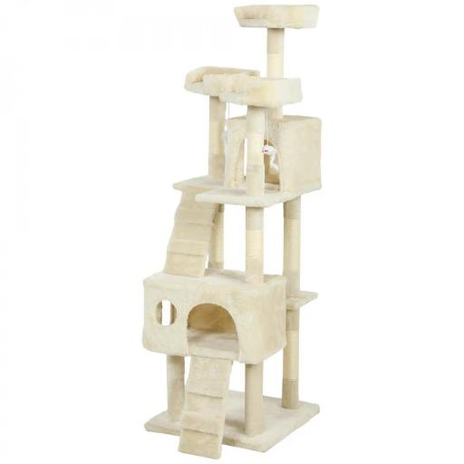 Árbol Rascador para Gatos Árbol para Gatos 153 cm con 2 Cuevas 3 Camas 2 Rampas Postes de Sisal Ratones Colgantes Crema [7]