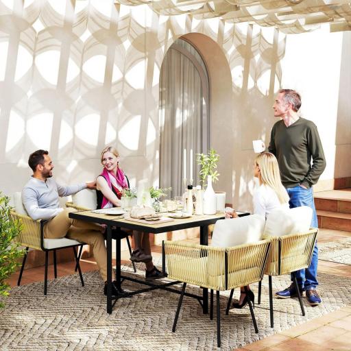 Conjunto de Mesa y Sillas Jardín de Ratán 5 Piezas con Mesa de Plástico-Madera 4 Sillas con Cojines Extraíbles Beige [0]