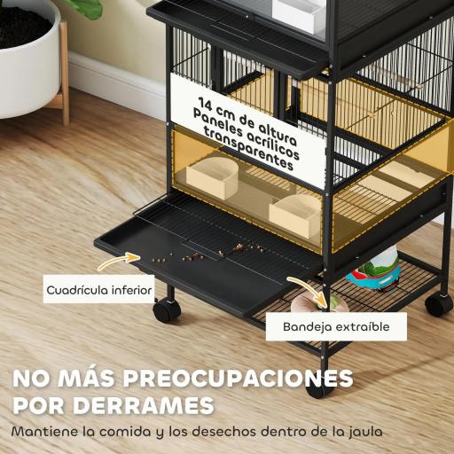 Jaula para Pájaros de 2 Niveles con Paneles Acrílicos Comederos Perchas Ruedas y Estante Inferior 48x46x134,5 cm Negro [3]