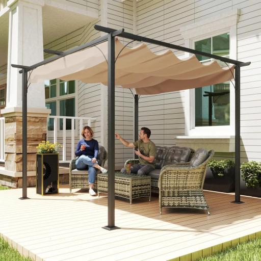 Pérgola de Jardín 3x3m Gazebo Cenador para Exterior con Techo Retráctil Tela Poliéster Impermeable y Anti-UV para Patio Terraza Beige [6]