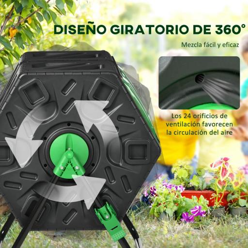 Compostador Giratorio 130L Contenedor Compostaje Doble Cámara Aberturas de Ventilación Patas de Acero 67x60x77 cm Negro [5]