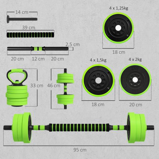 Kit de Gimnasio 4 en 1 con Barra de Pesas Mancuernas Kettlebell para Entrenamiento de Fuerza en Casa Color Verde y Negro [2]