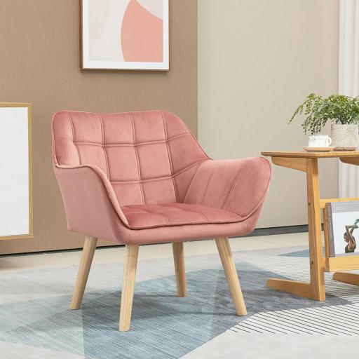 Butaca de Salón Moderna Tapizado en Terciopelo con Asiento Ancho Patas de Madera Sillón Relax para Sala de Estar Rosa [0]